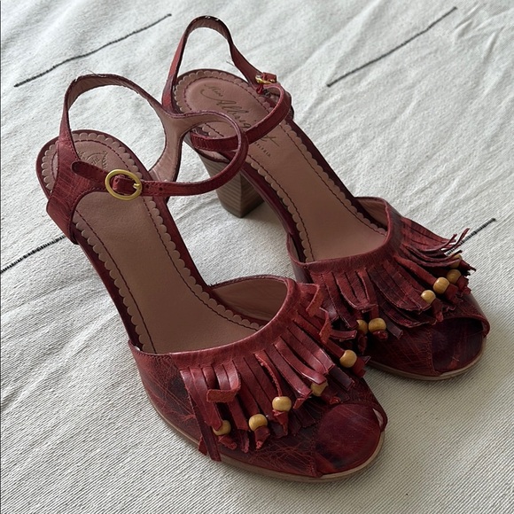 Miss Albright Shoes - Red Leather Fringe Beaded Block Heel Sandals Size 7
